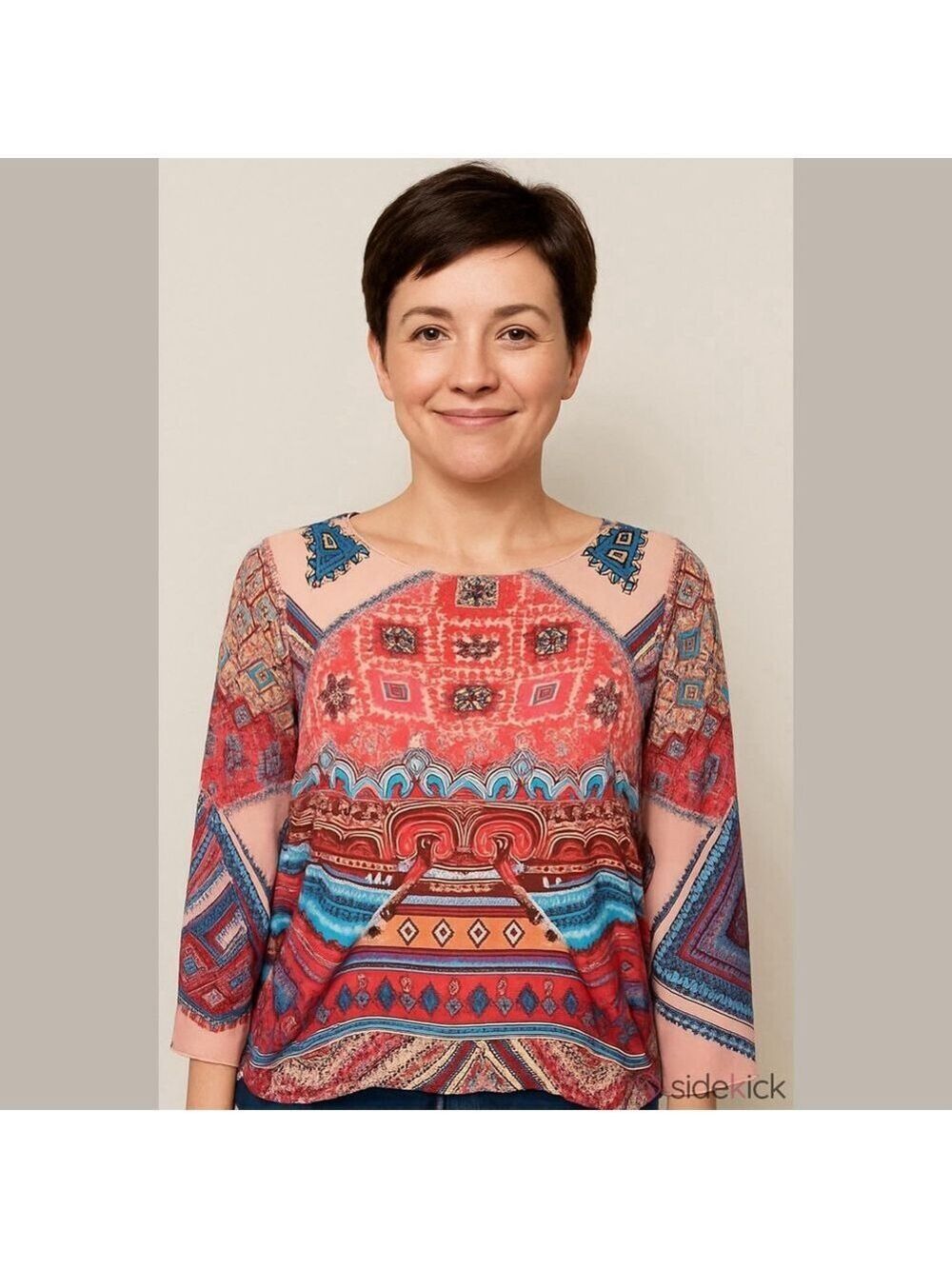 Figueroa & Flower Boho Peasant Top M Red Tribal Print Festival Blouse Western Ch